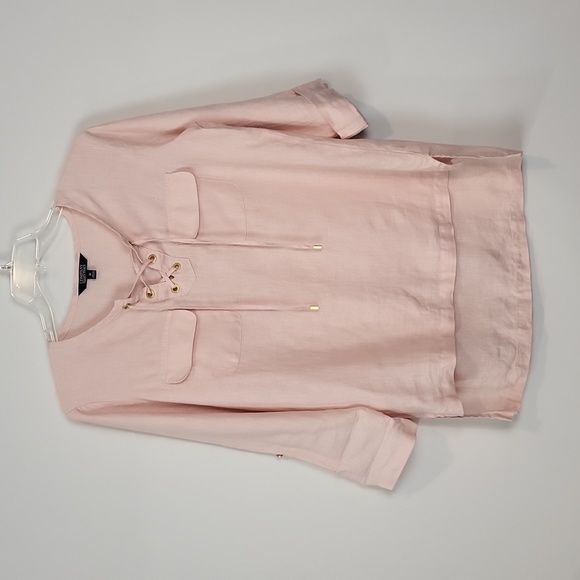 ELLEN TRACY COMPANY 100% Linen Peach Lace Up Roll Tab Tunic Top with Pockets - Picture 8 of 14